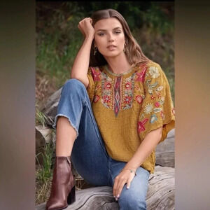 Johnny Was Biya Boho Floral Embroidery Women XS Kimono Sleeve Sur Cupra Blouse